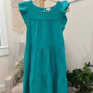 J.Crew Teal Cotton Tiered Dress Flutter Sleeve Size 6